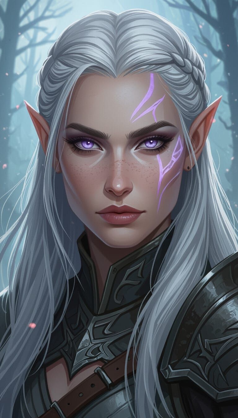 Fierce Elf Woman Portrait in Misty Forest