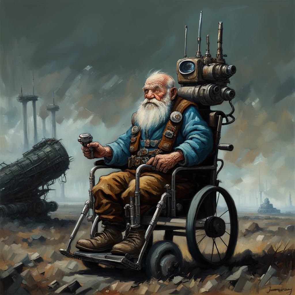 Post-Apocalyptic Dwarf in Motorized Wheelchair: Oil Painting