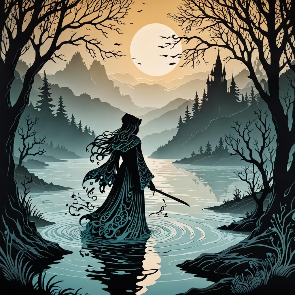 Sorceress at Turbulent Lake in Stacked Papercut Art