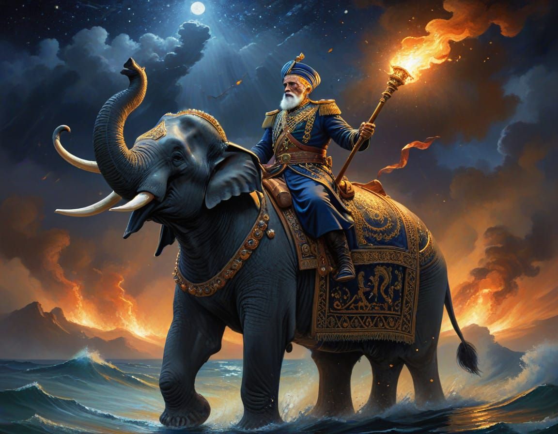 Majestic General on Elephant, Arabic War Attire, Epic Battle...