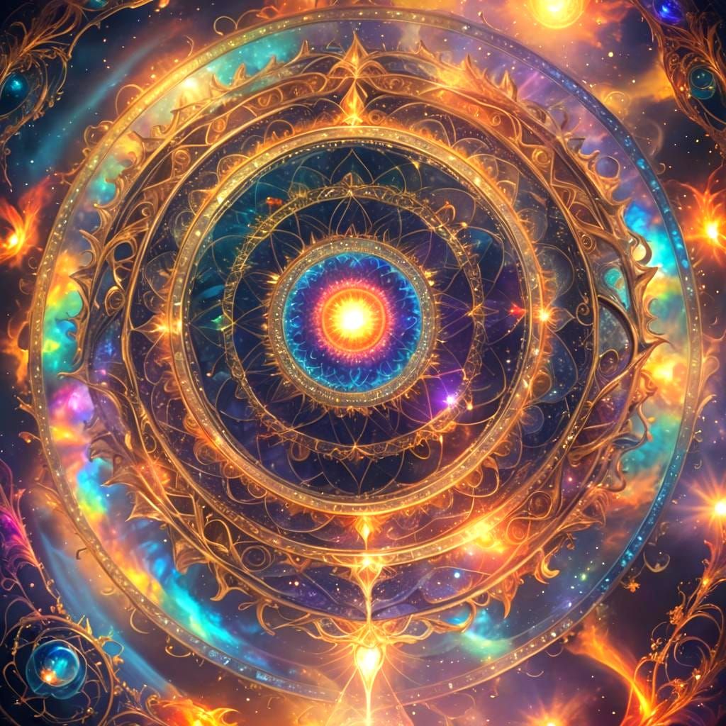 Celestial Mandala with Sun, Moon, and Rainbow Vortex