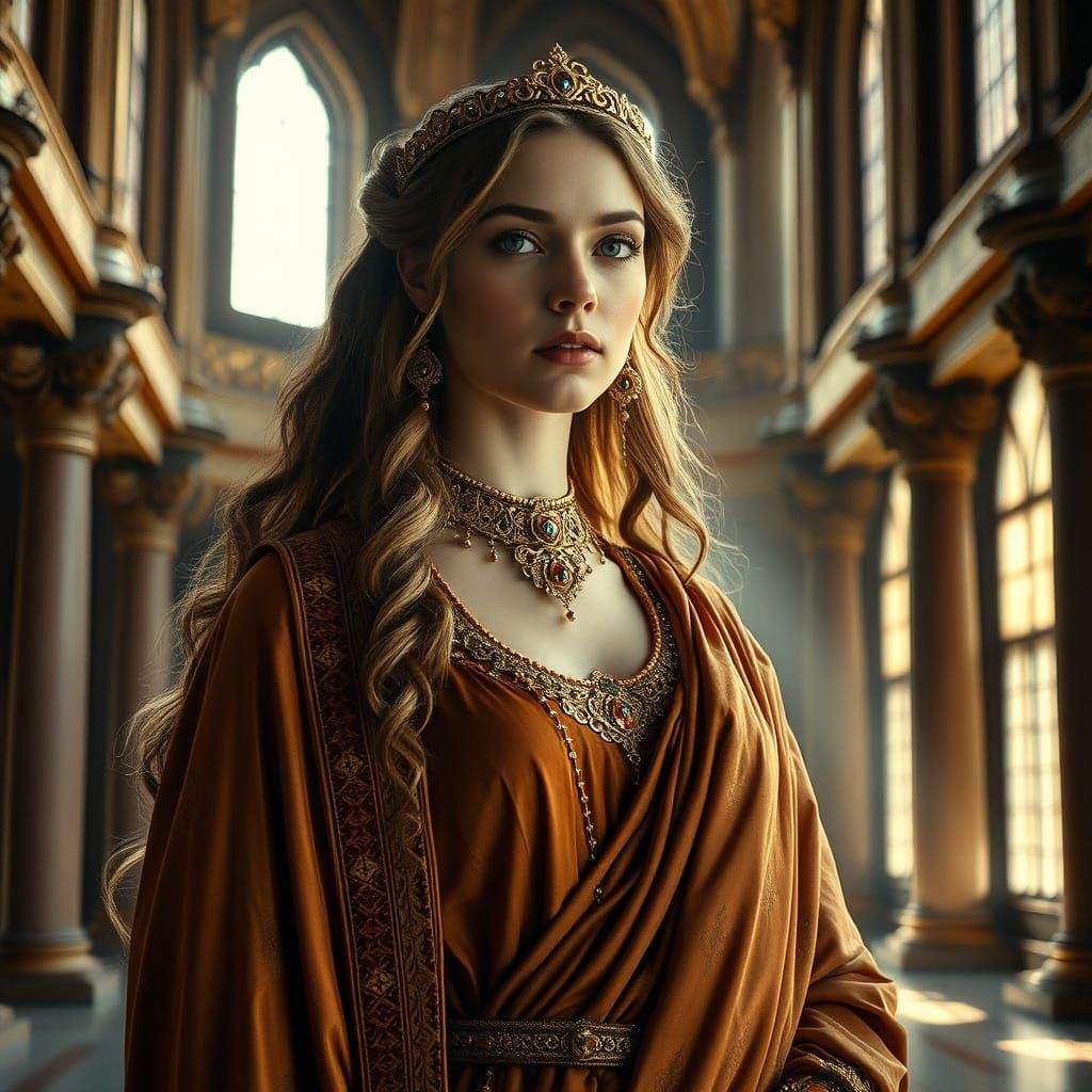 Regal Goddess in Sunlit Hall, Medieval Style