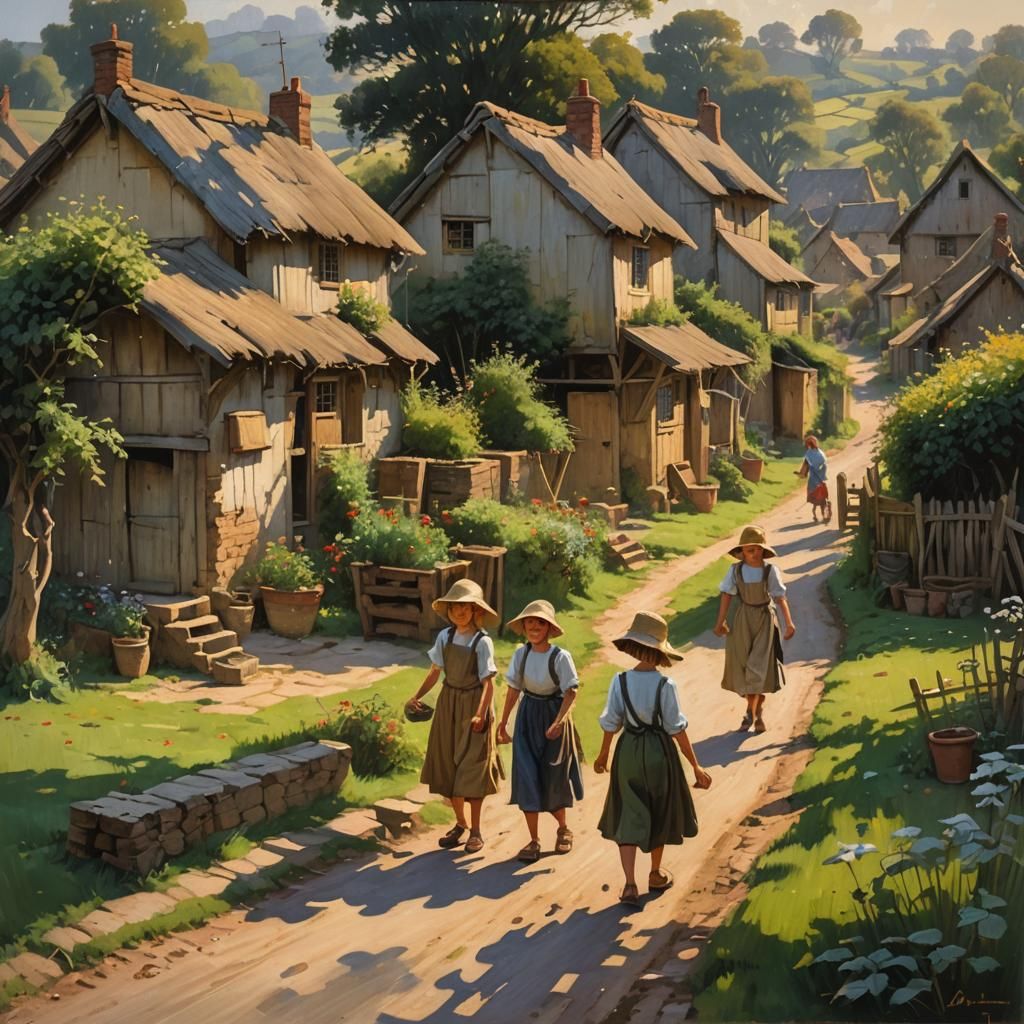 Oil painting of an English village with children playing in ...