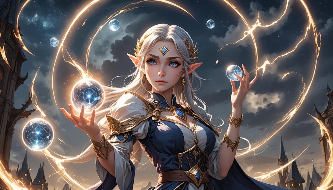 Elf Magician Casting Time Magic in Anime Style