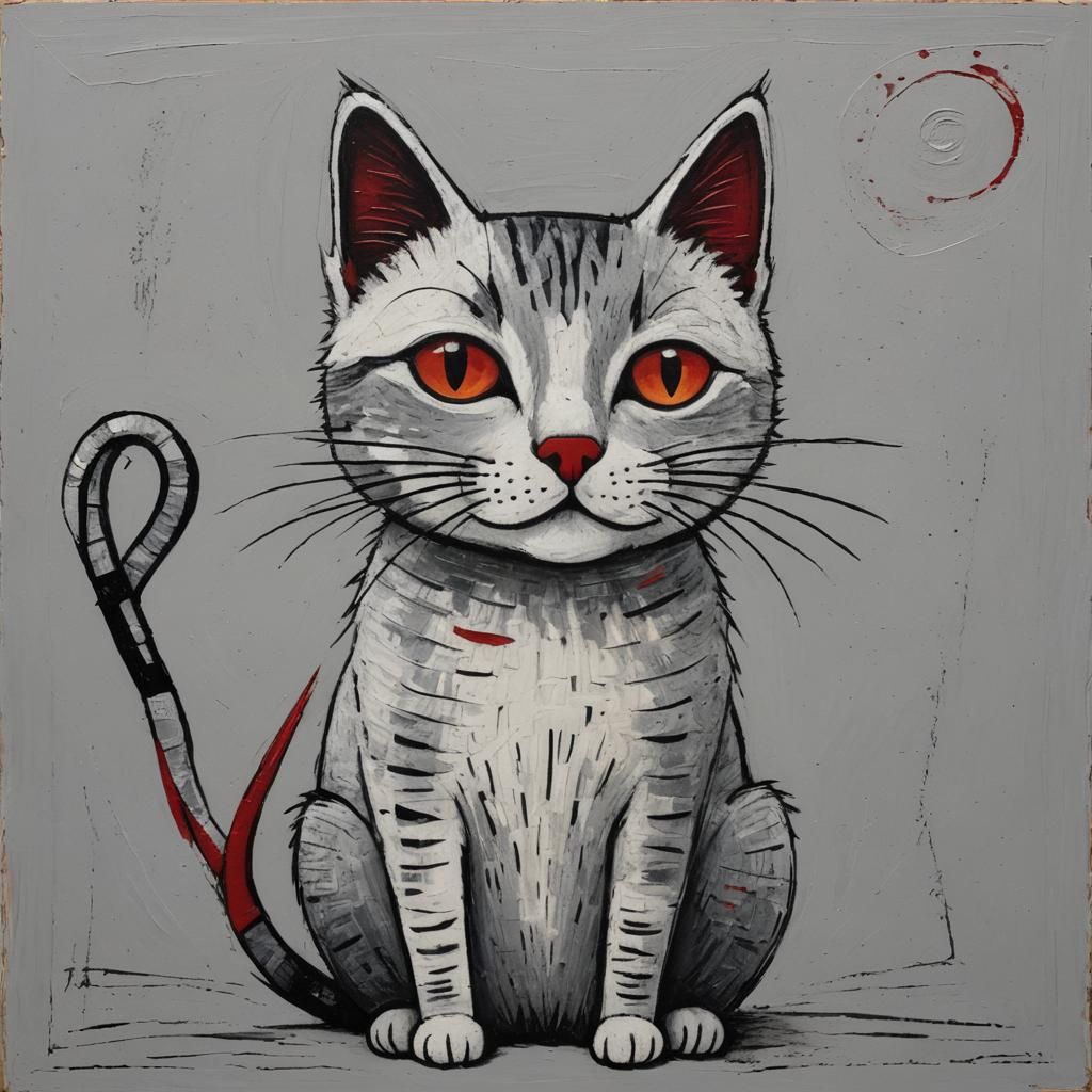 Charcoal Cat Sketch in Outsider Art Style