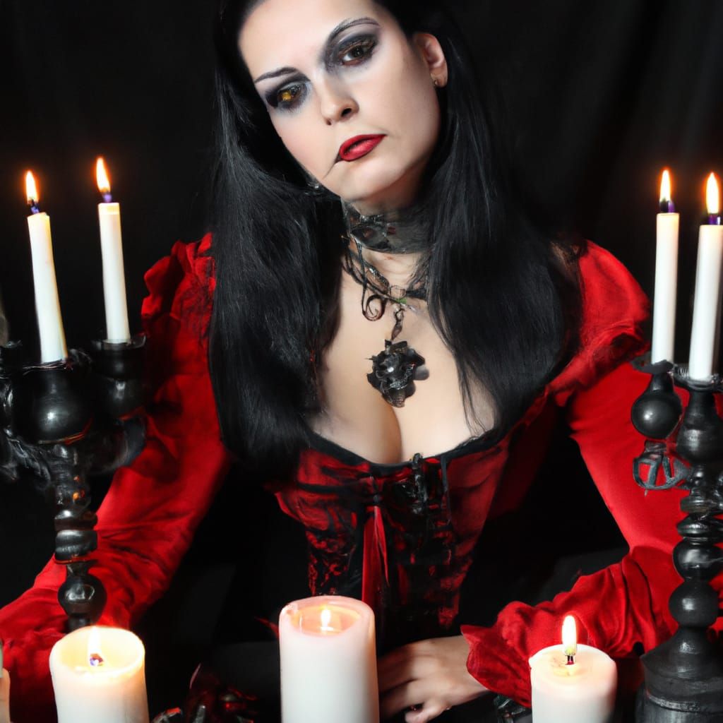 Gothic Woman in Red and Black with Candles
