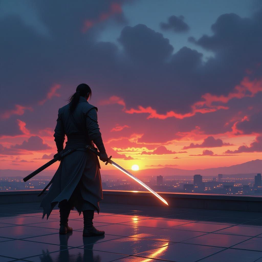 Swordsman on Rooftop at Dusk, Hyperrealistic Concept Art
