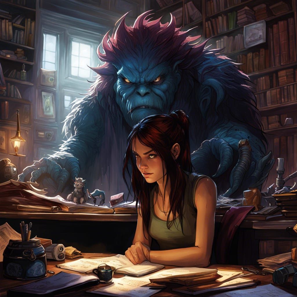 Fantasy Teenager Encounters Grumpy Monster in Magicpunk Styl...