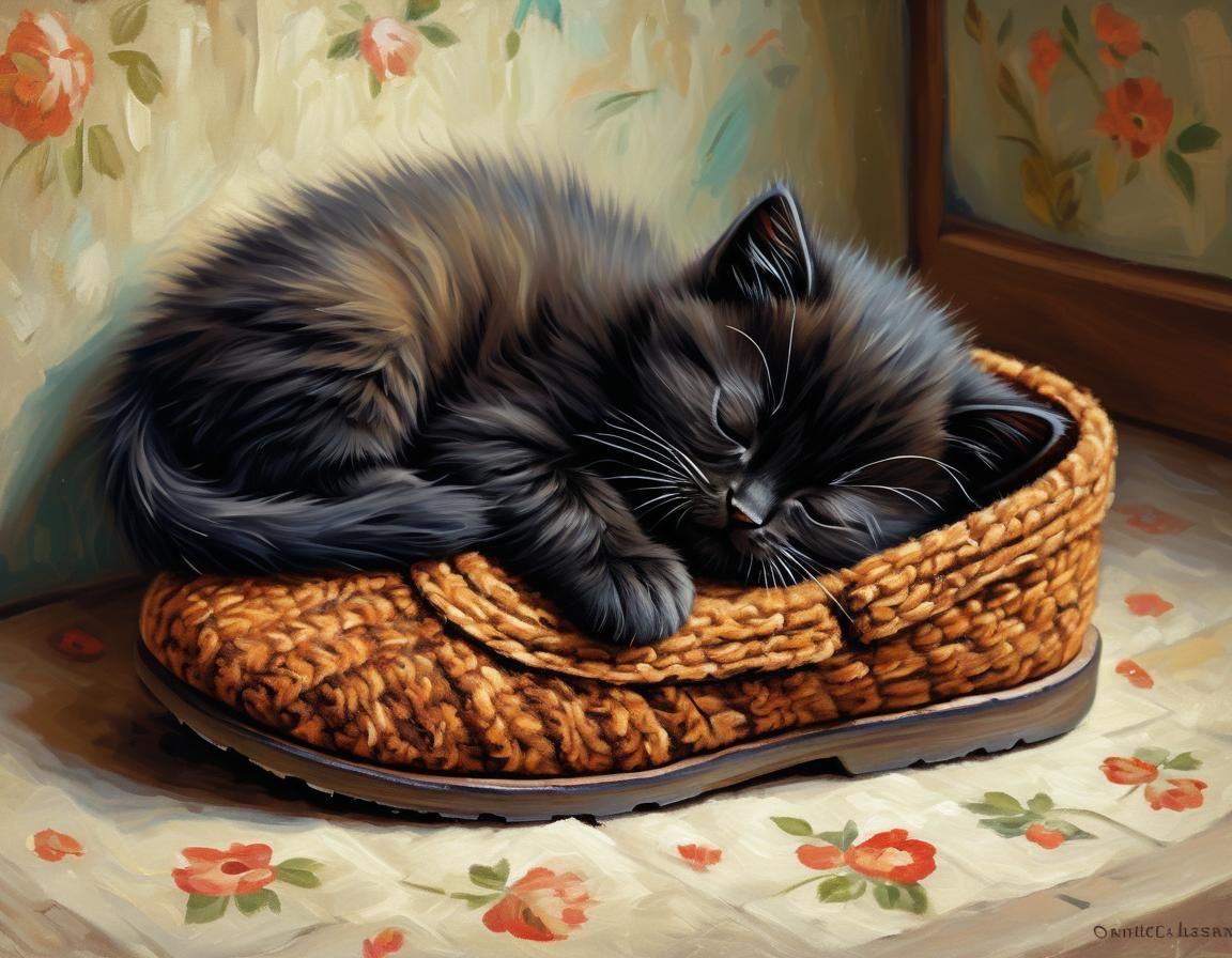 Black Kitten Asleep in Slipper, Neo-Impressionism