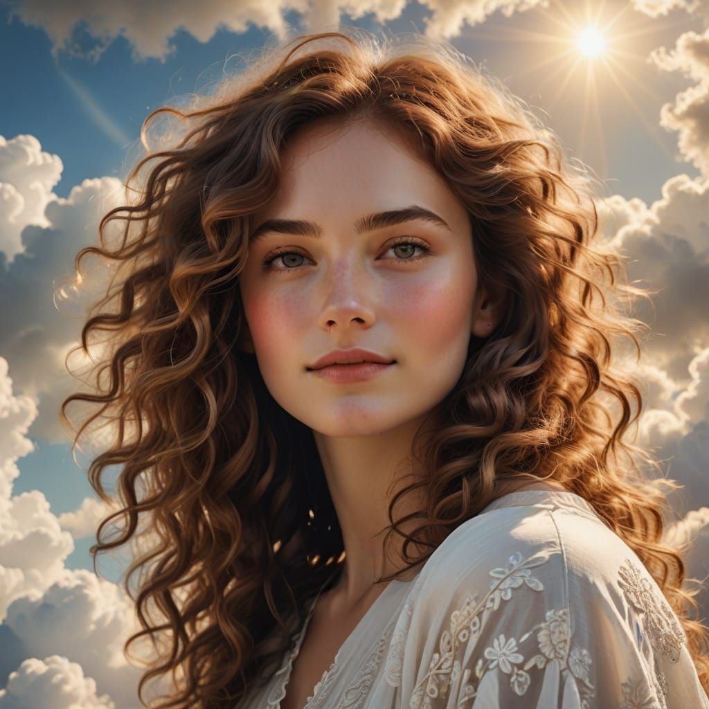 Divine Brown-Haired Woman in Soft Focus, Heavenly Light