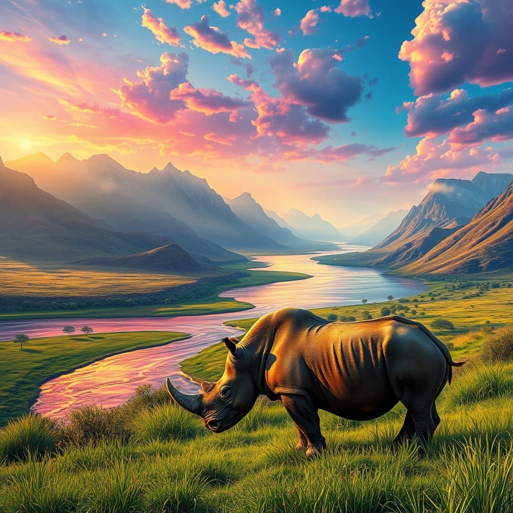 Surreal Serengeti Landscape with Rainbow Rhino