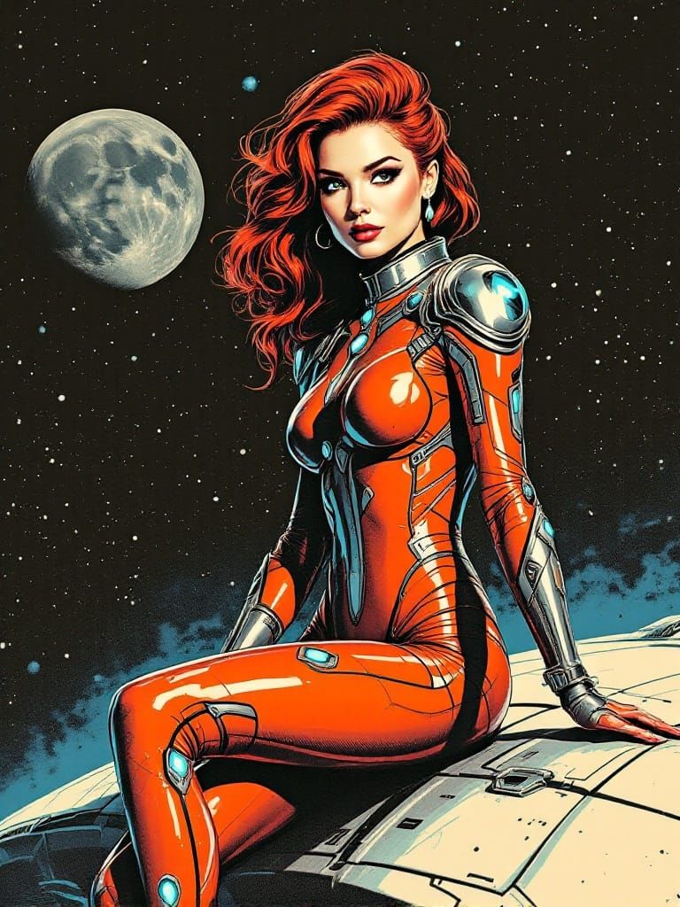 Risograph Art of a Red-Haired Spacewoman in Flight