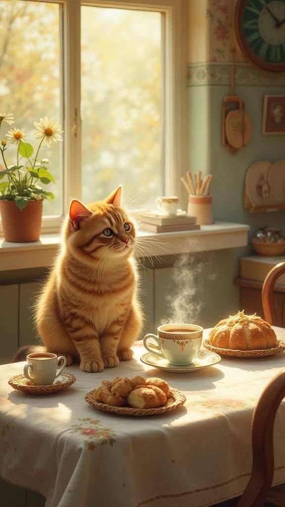 Whimsical Feline Cafe Scene in Impressionist Style