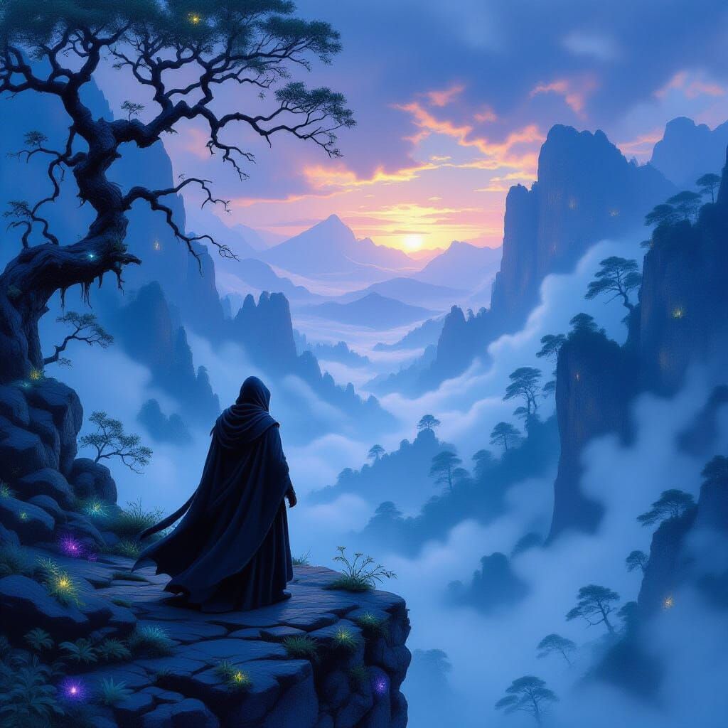 Figure Overlooks Enchanted Forest at Twilight in Painterly S...
