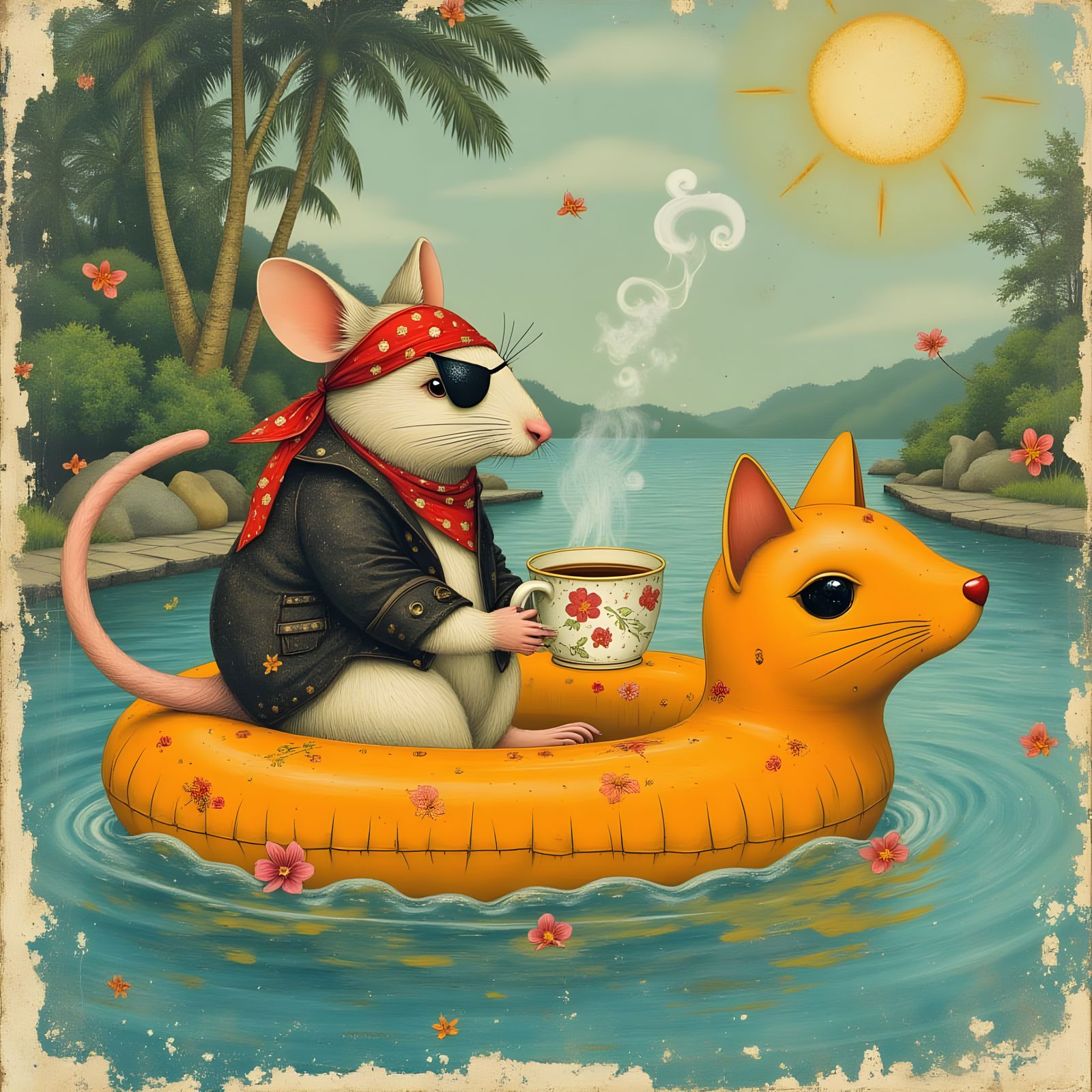 Whimsical Pirate Mouse on Cat Float in Dreamy Film Photograp...