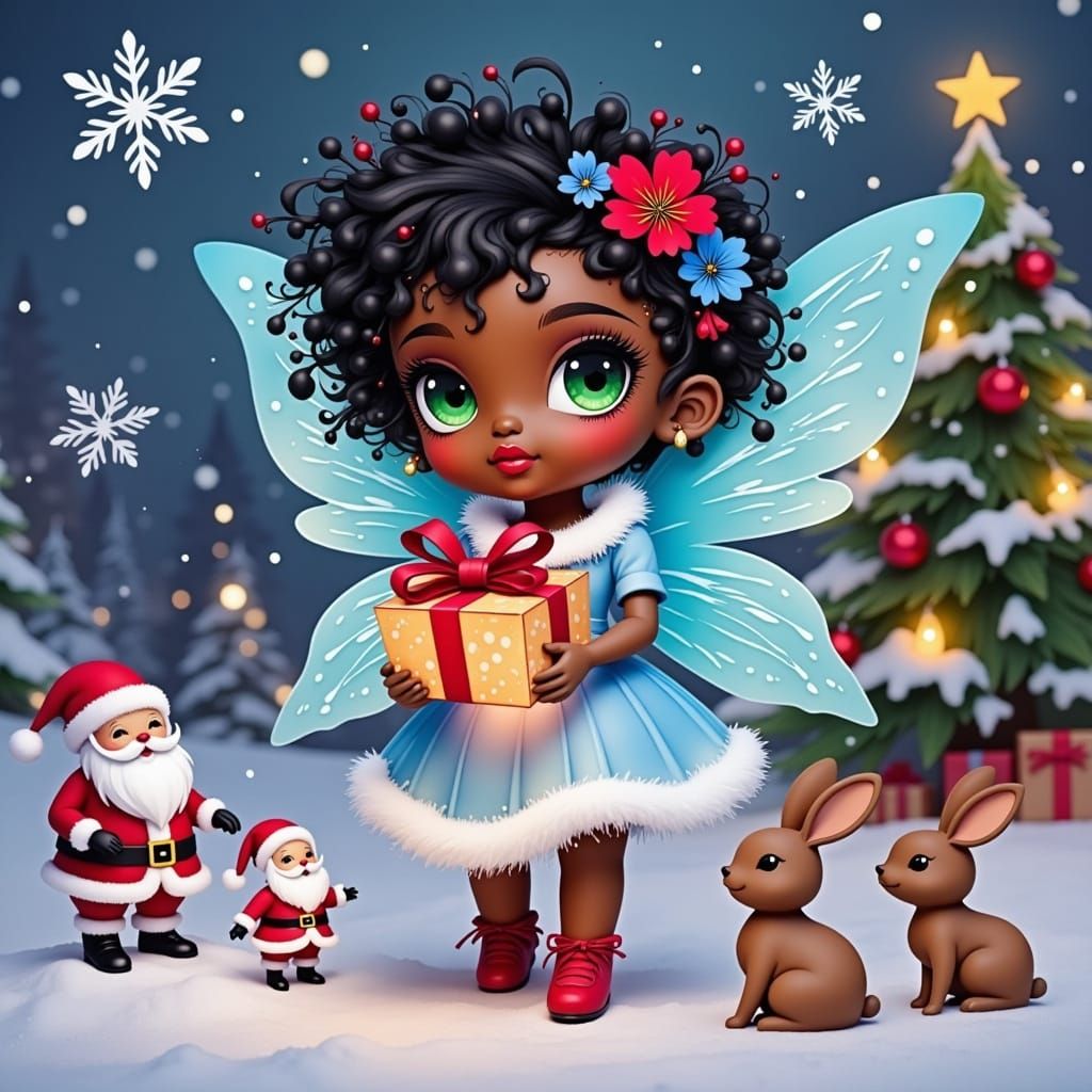 Chibi Fairy with Gift and Bunnies in Snowy Scene