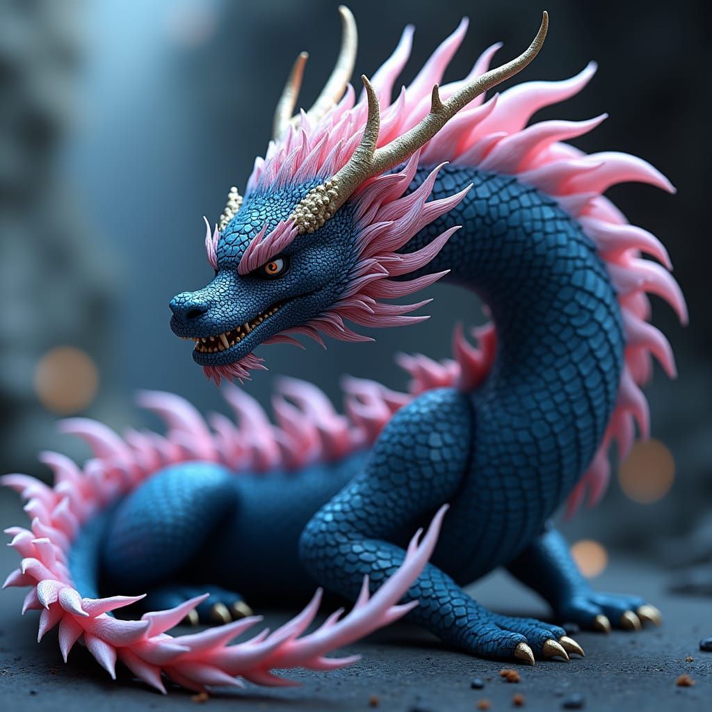 Black Dragon with Blue and Pink Scales as 3D Art