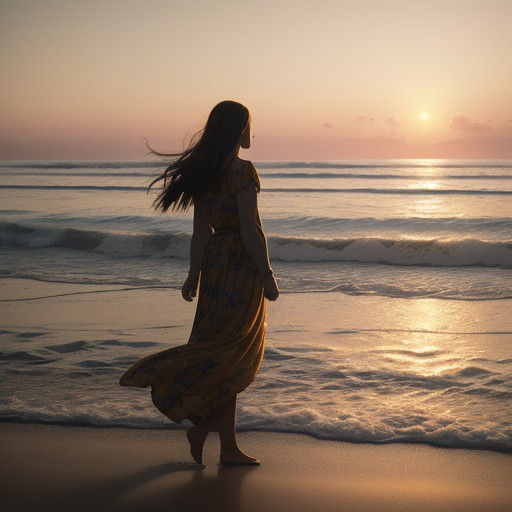 Woman Walks Alone on a Deserted Beach at Sunset, in a Cinema...