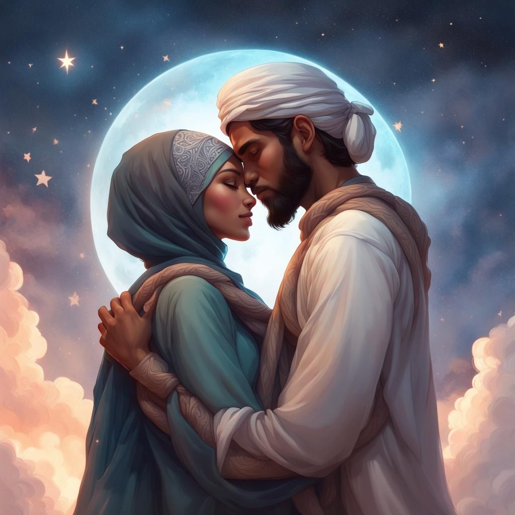 Muslim Couple in Jannah: Heavenly Digital Portrait