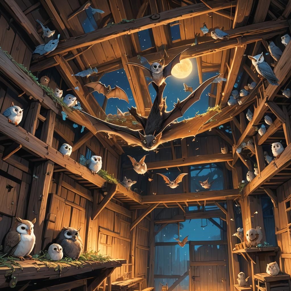Cute Bat and Owls in Whimsical Fantasy Art