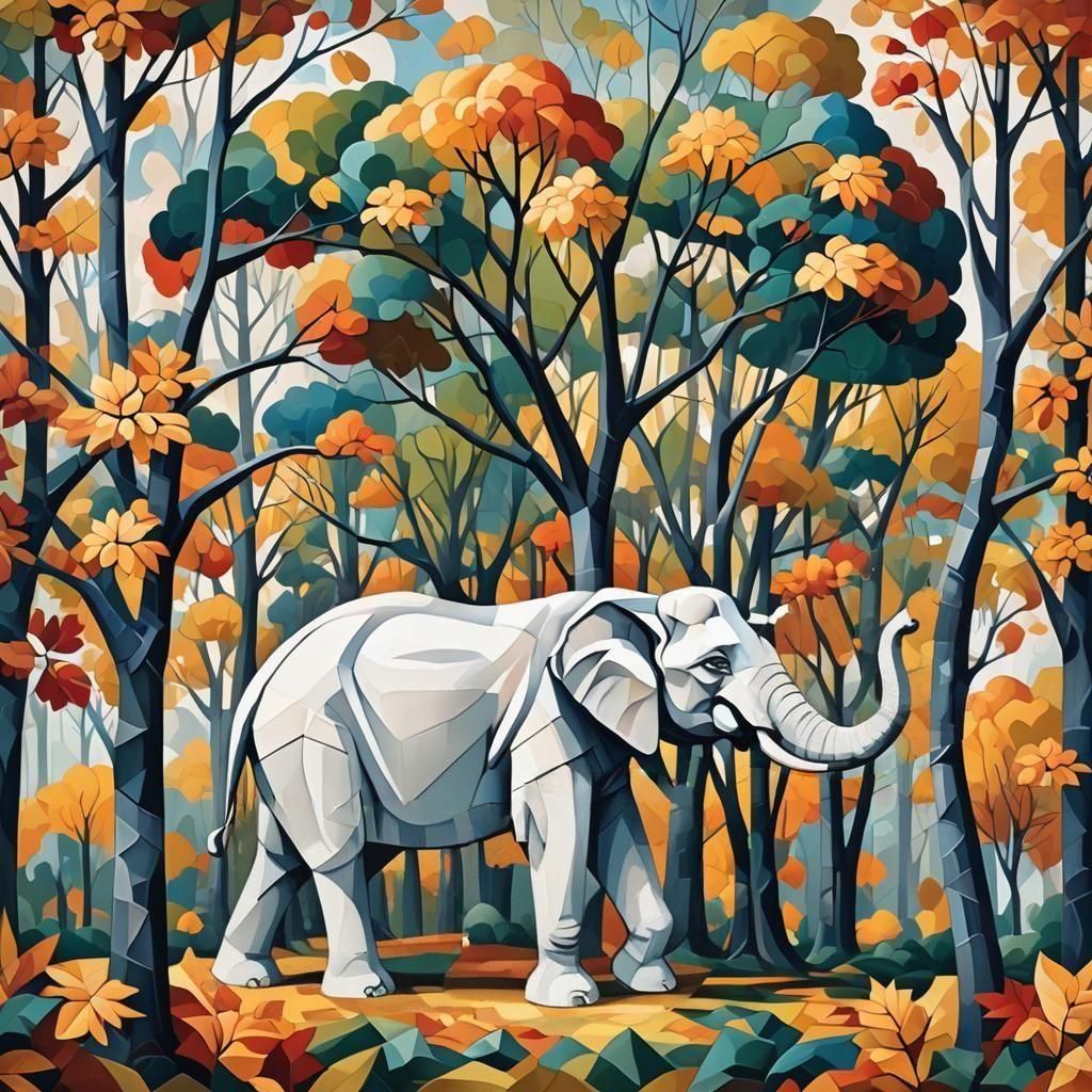White Elephant in Autumnal Cubist Landscape