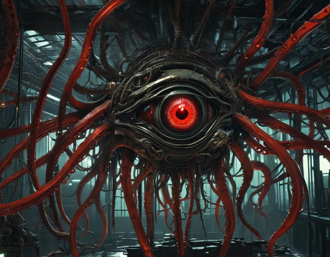 Biomechanical Eye in Abandoned Lab, Surreal Art