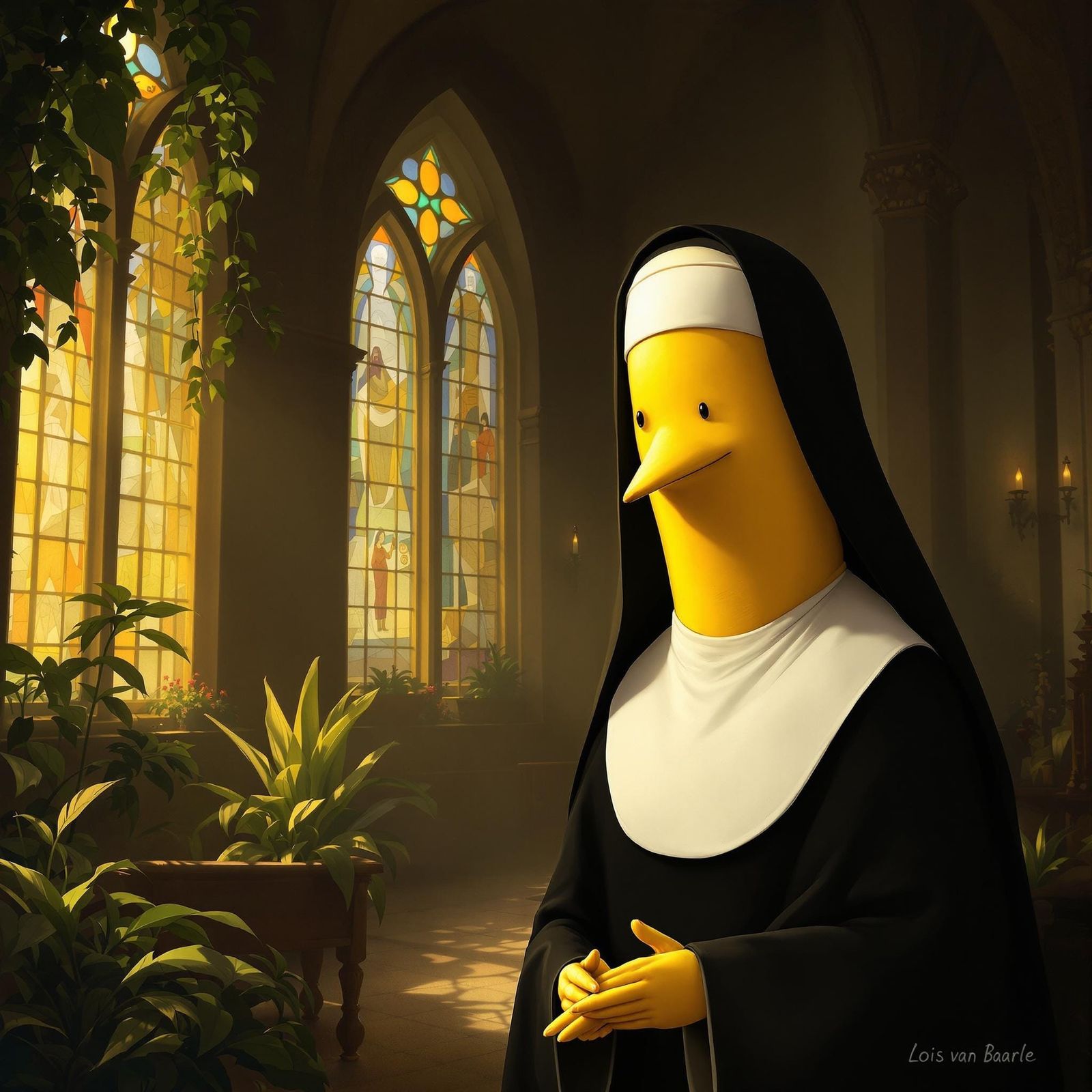 Anthropomorphic Banana Nun in a Whimsical Chapel
