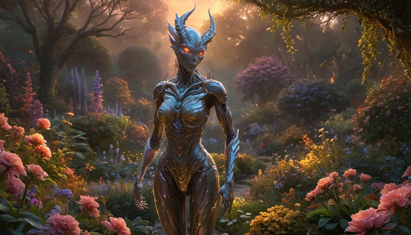 Sci-Fi Alien Queen in Ethereal Garden