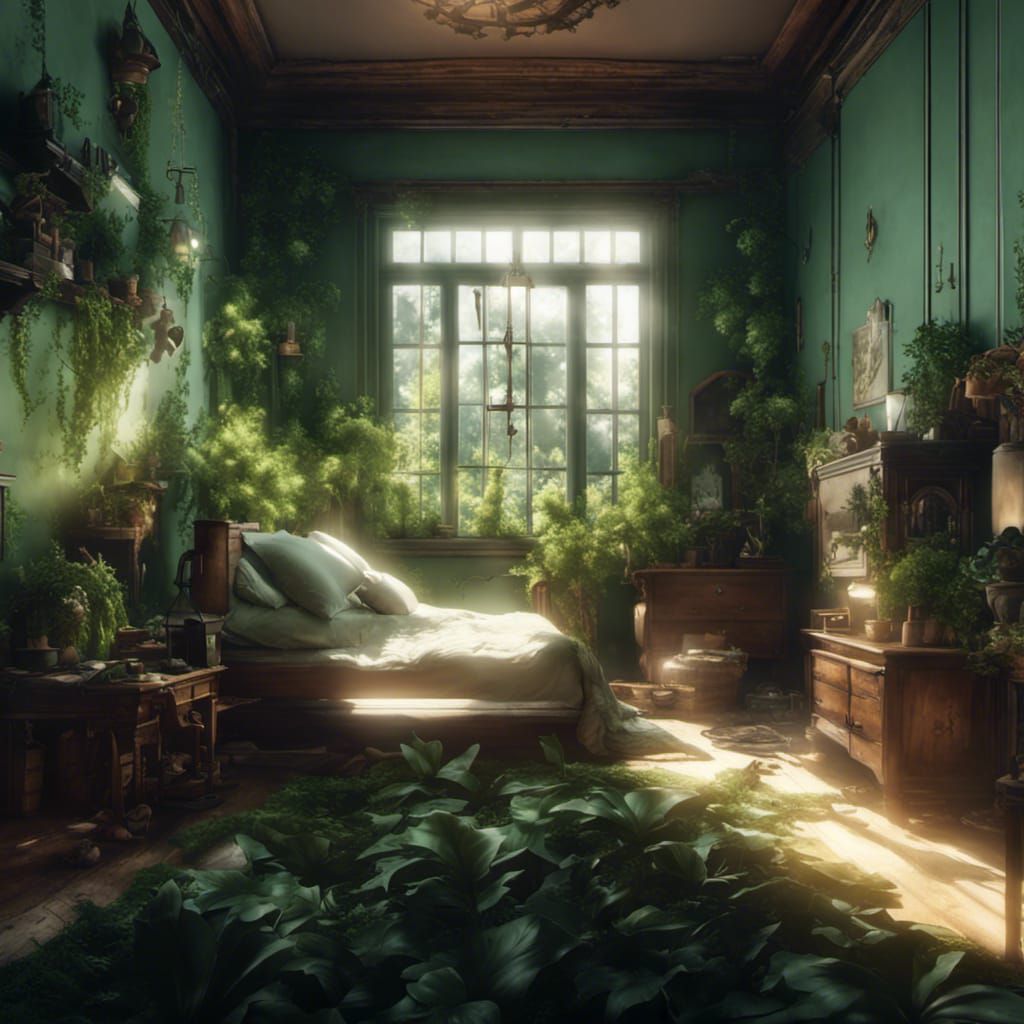 Surreal Green Bedroom in 3D Cinematic Style