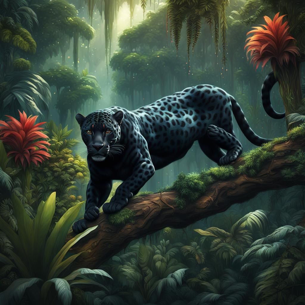 Black Jaguar in Amazonian Jungle: Fantasy Concept Art