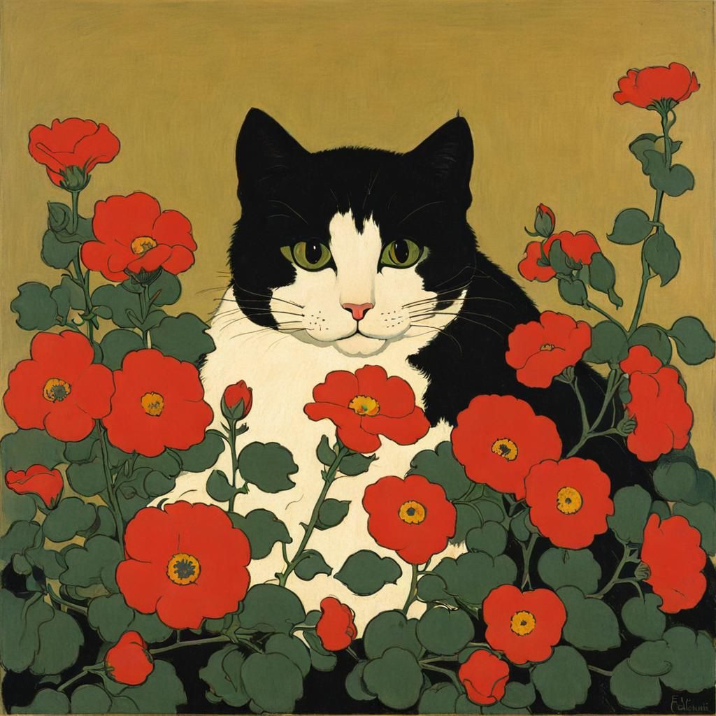 Cute Cat Surrounded by Flowers in Whimsical Woodcut Style