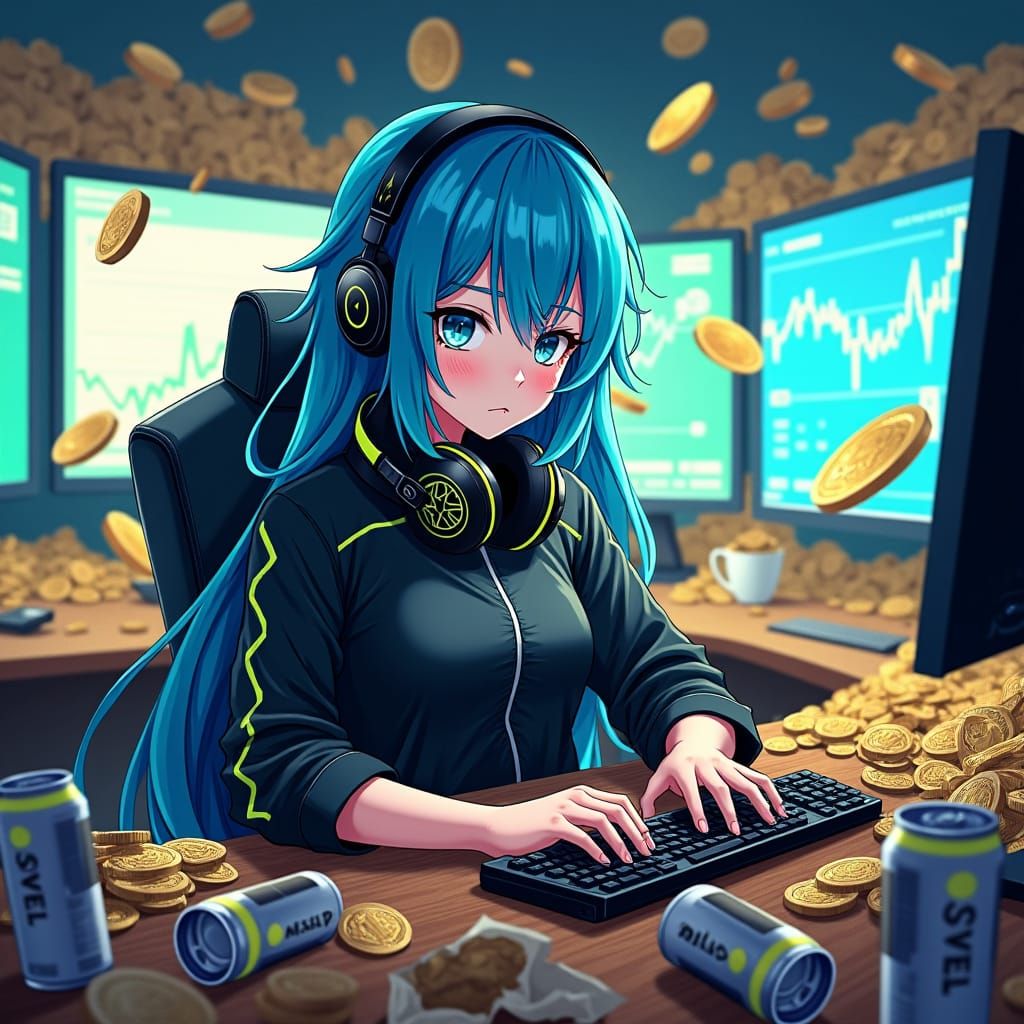 Anime Gamer Girl Amidst Gold Coins, Manga Style