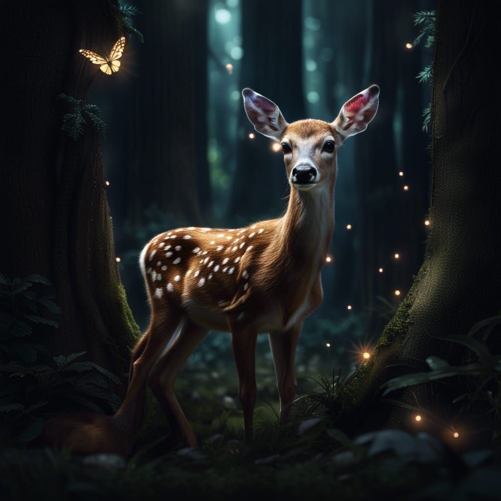 Whitetail Fawn in Dark Forest with Fairies