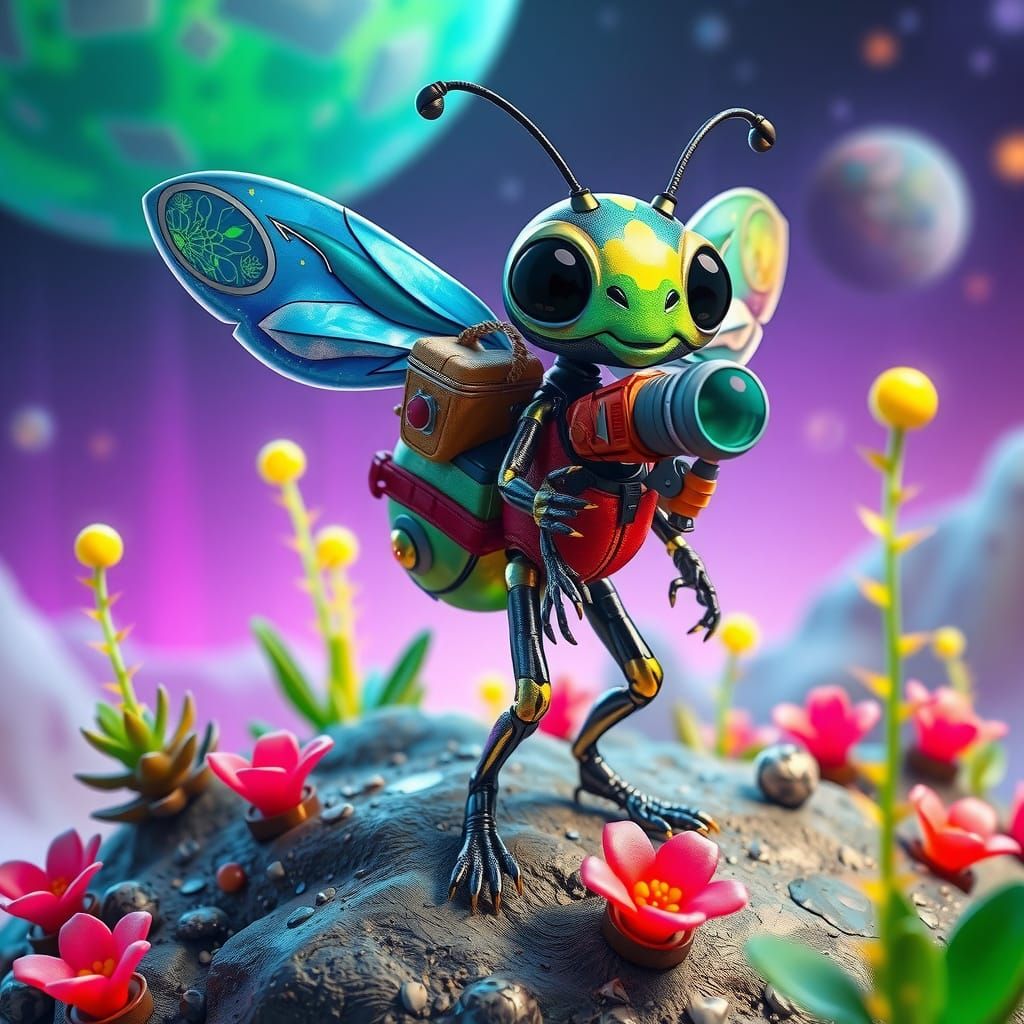 Ladybug Alien Adventurer in Whimsical Space Landscape