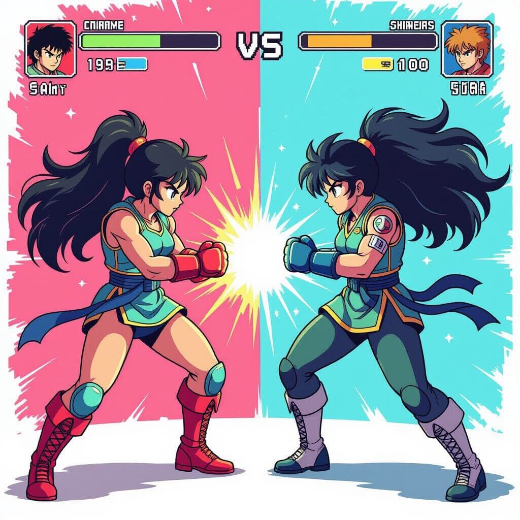 Retro Arcade Fighters in Cel-Shaded Anime Style