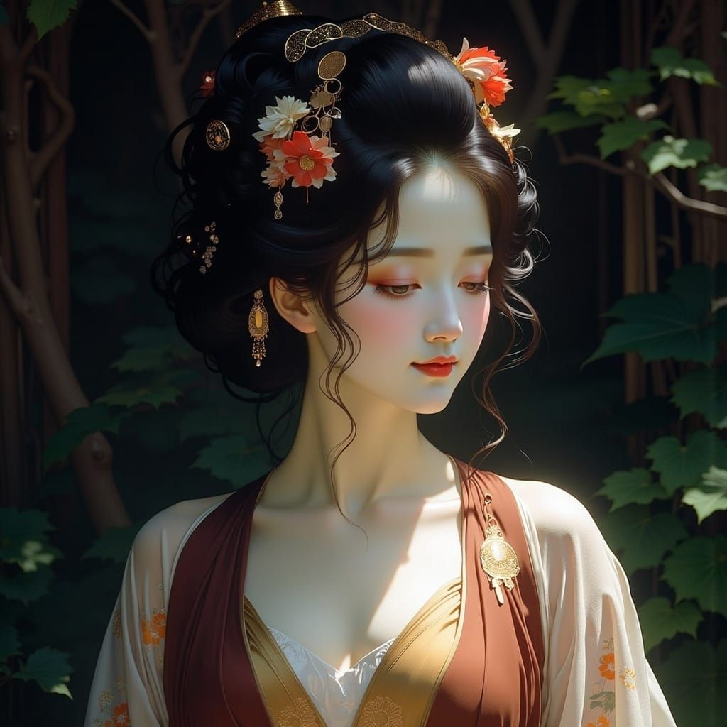 Art Nouveau Geisha in Elegant, Ink-Washed Darkness