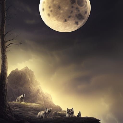 Wolves Howling at Moon on a Dark Night