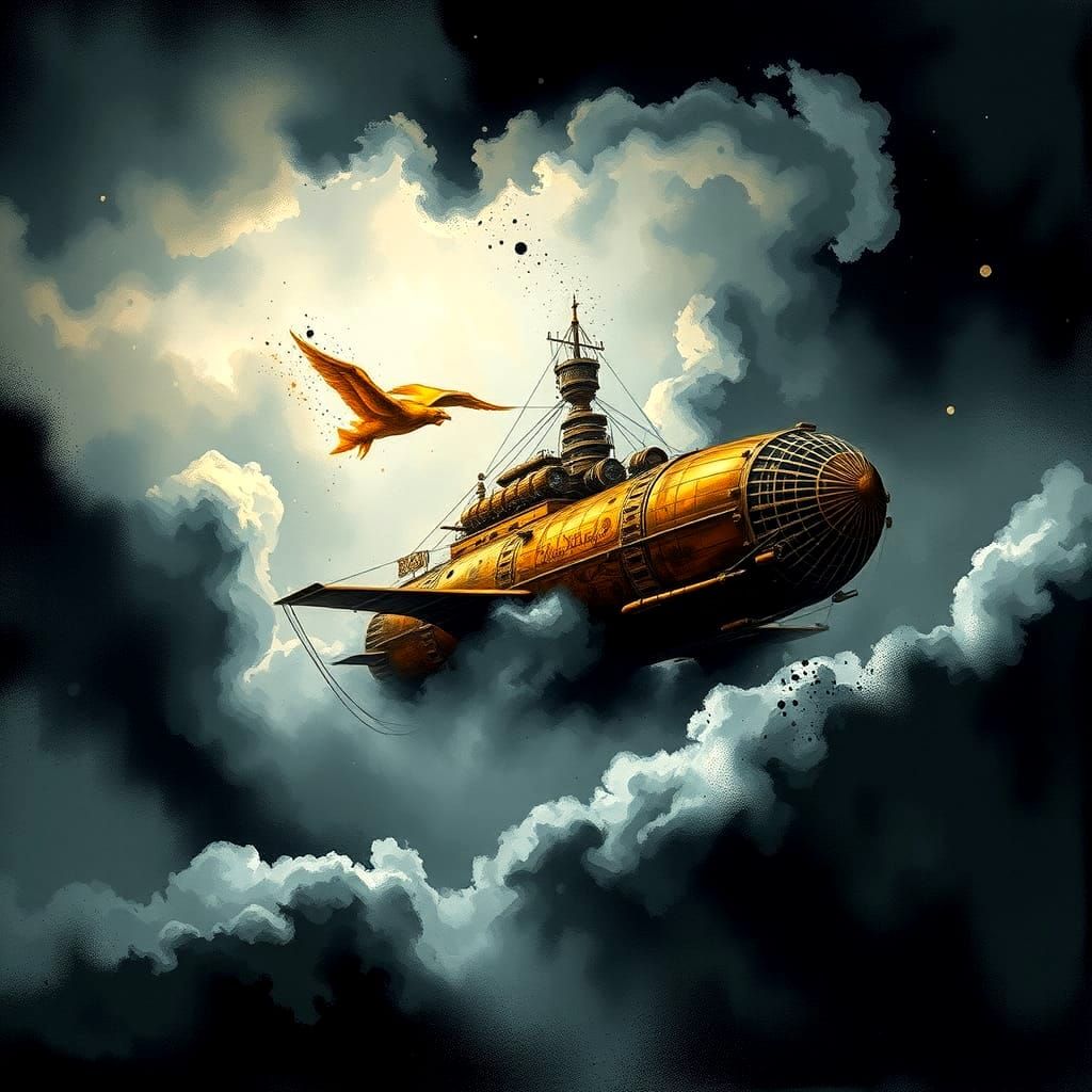 Steampunk Skyship Emerges From Storm, Ink Painting