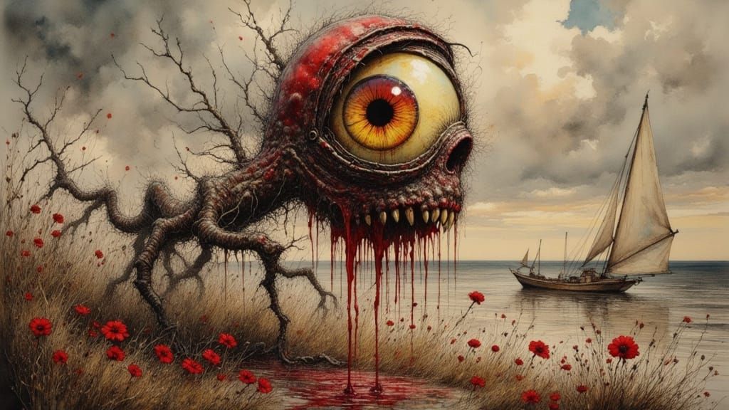 Visceral Biomechanical Eyeball Monster in Dark Fantasy Style
