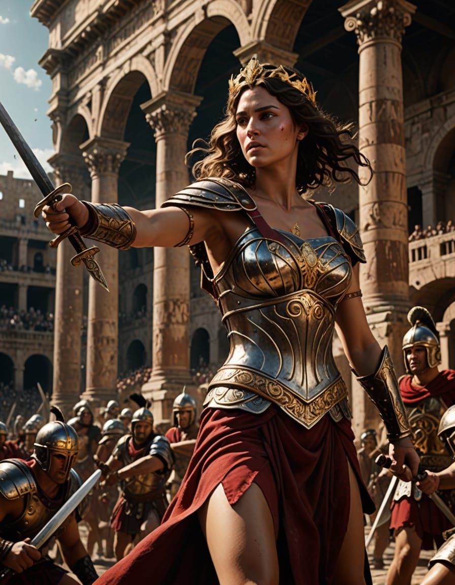 Brunette Gladiatrix Signals Defeat in Hyper-Realistic Art