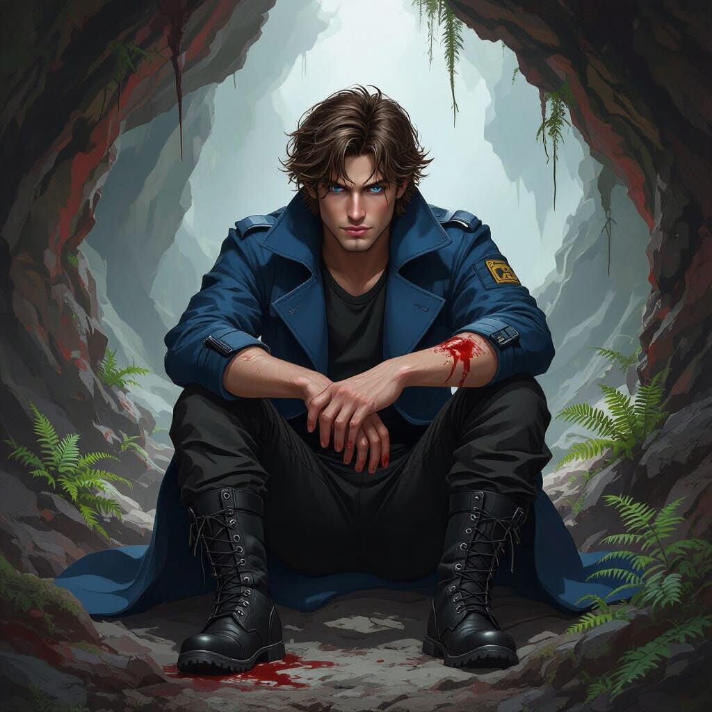 Injured Man in Dark Fantasy Cavern Concept Art