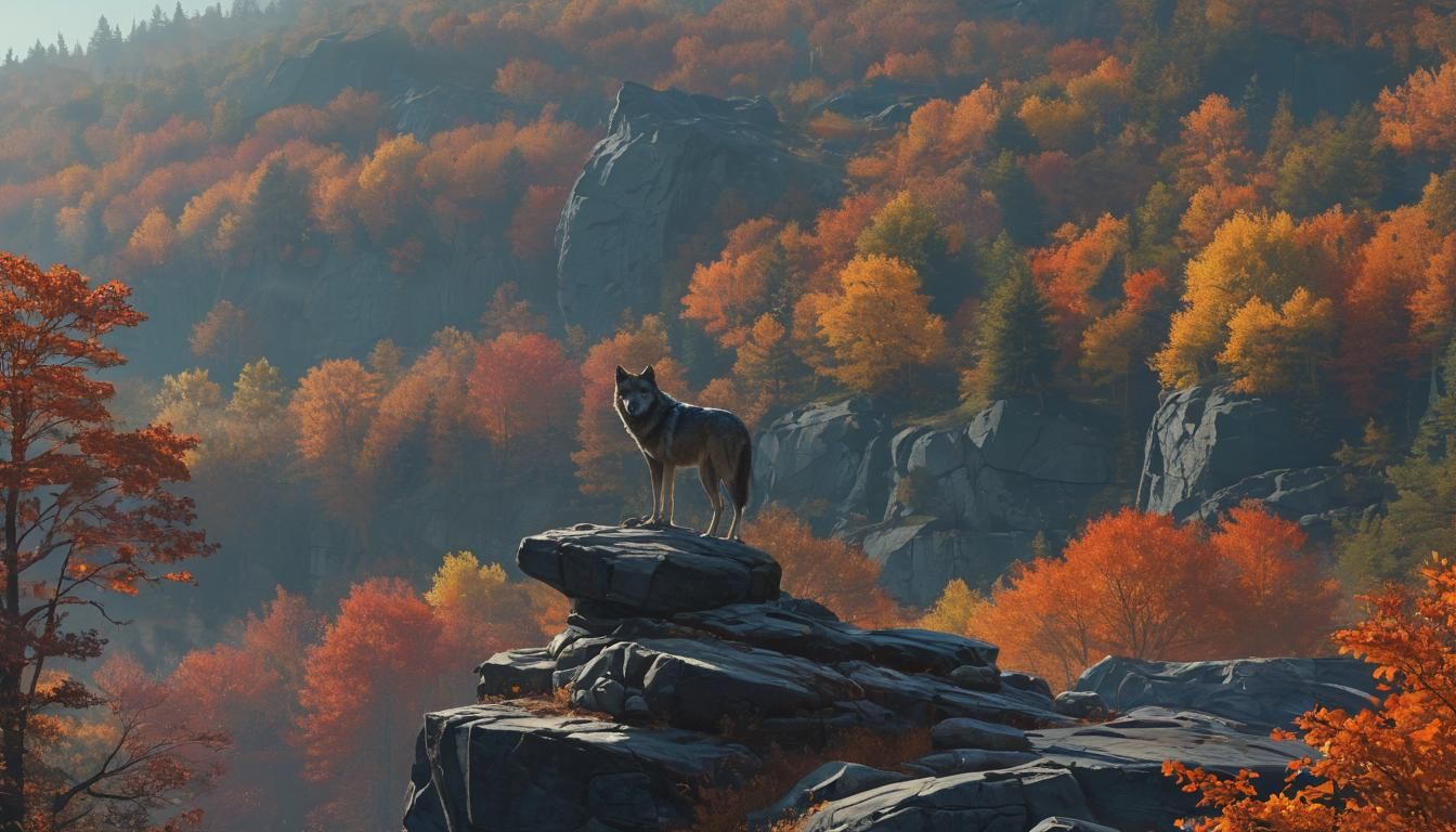Wolf in Fantastical Autumn Landscape, Digital Art