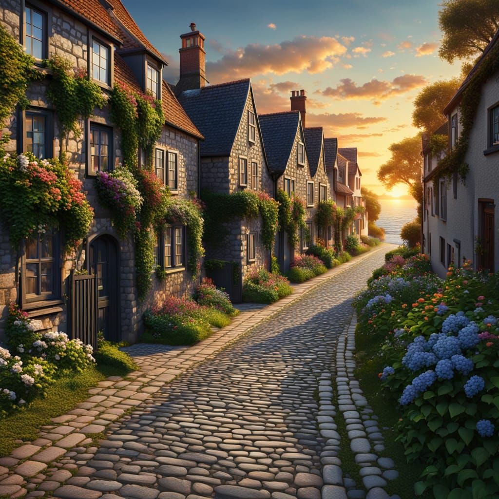 Surreal Cobblestone Road Meets the Sunset Sea