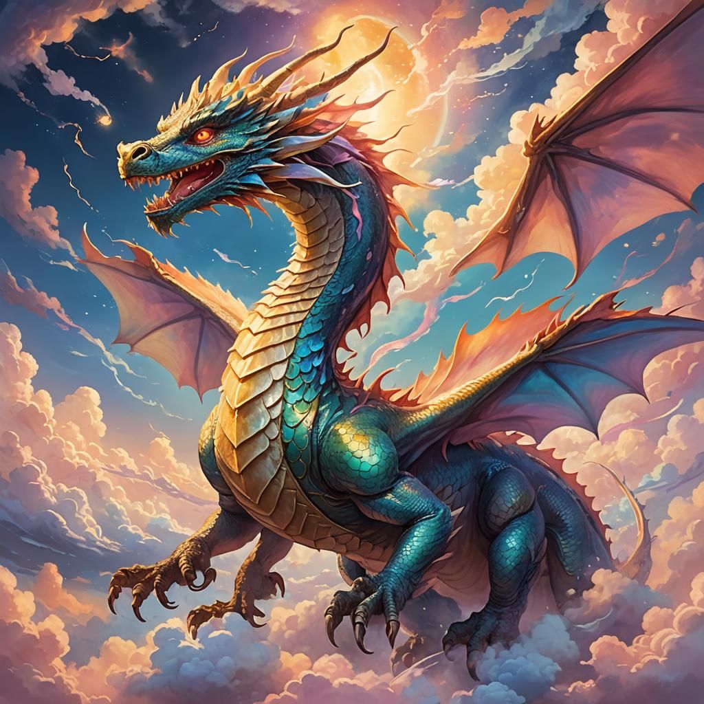 Dragon Soaring Through Iridescent Clouds in Dreamy Sky