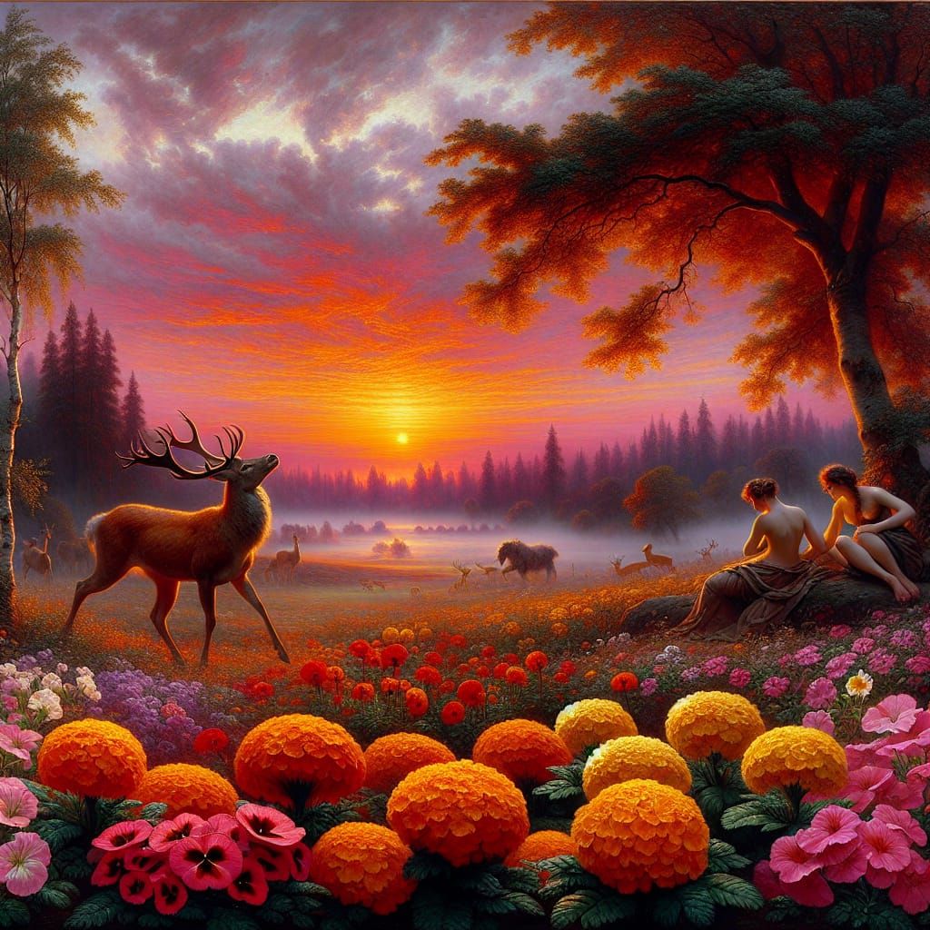 Lilac Sunrise Over Misty Meadow in Oil Painting Style