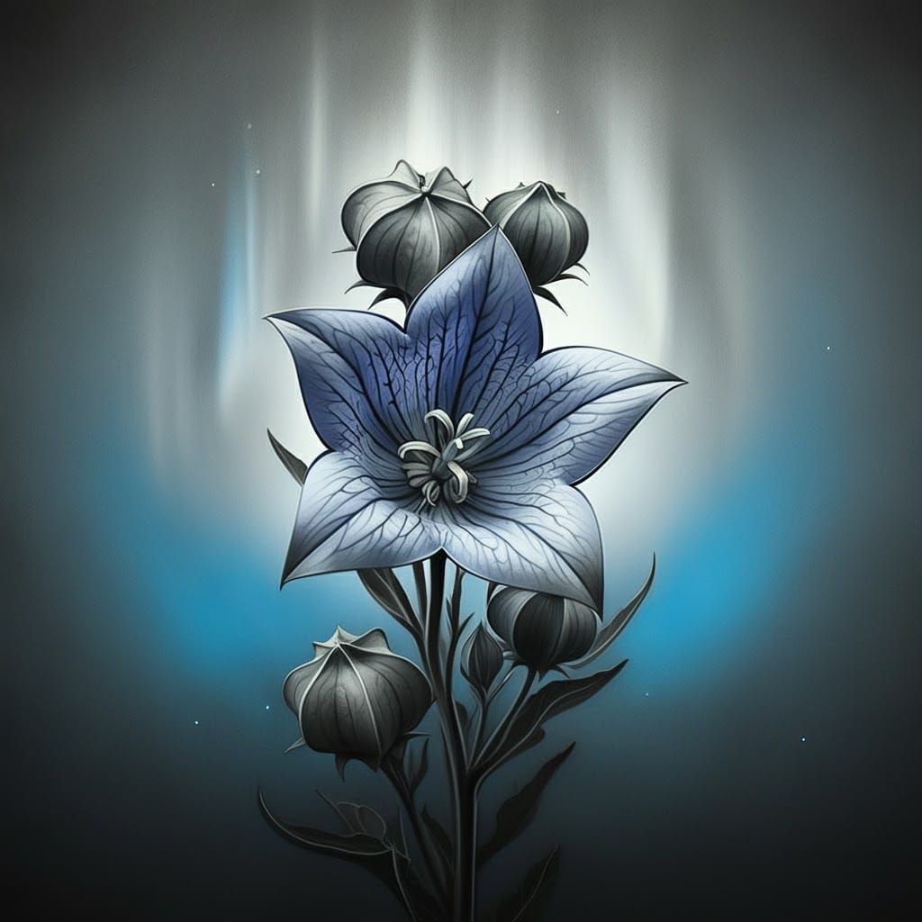 Ethereal Balloon Flower in Charcoal with Blue Aura