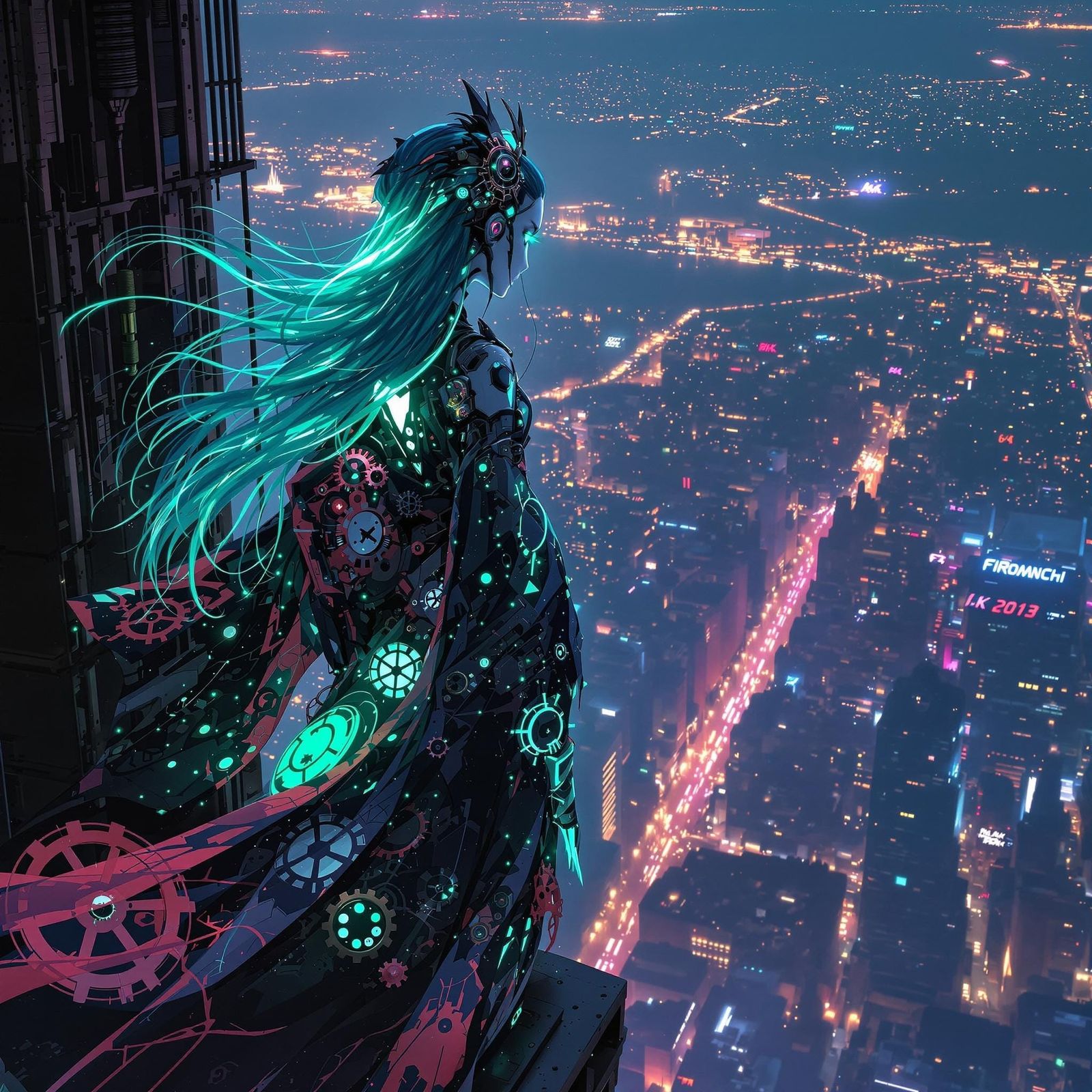 Gothic Cyborg Geisha with Neon Hair in Steampunk Style