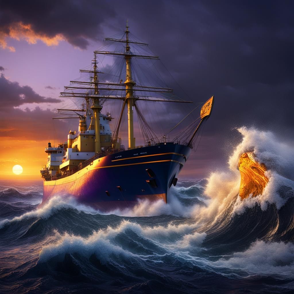 Hyperrealistic Lighthouse at Sunset with Raging Waves