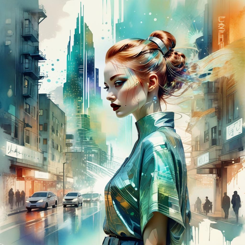 Futuristic Fashion Model in Digital Watercolor Style