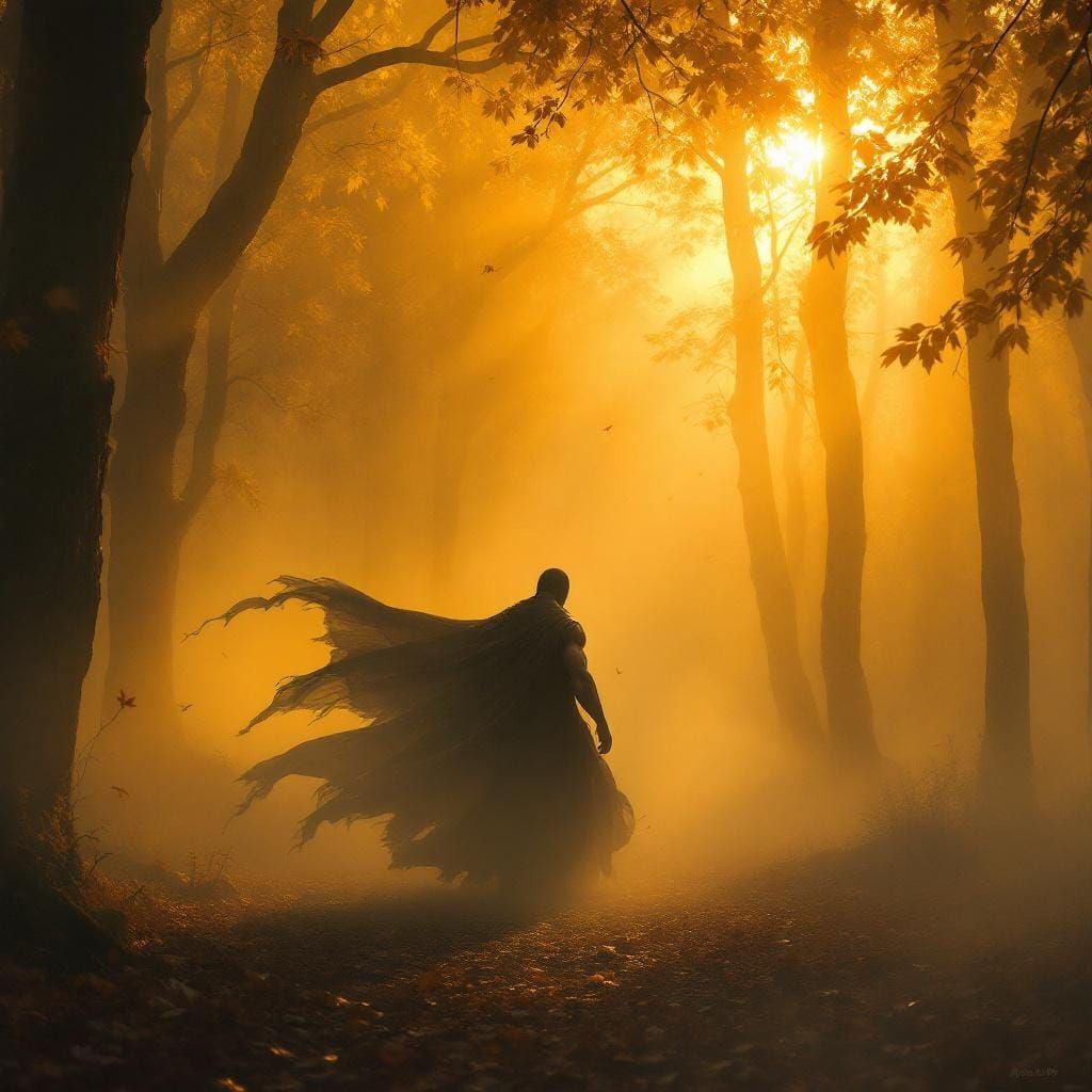 Mysterious Figure in Foggy Forest at Golden Hour